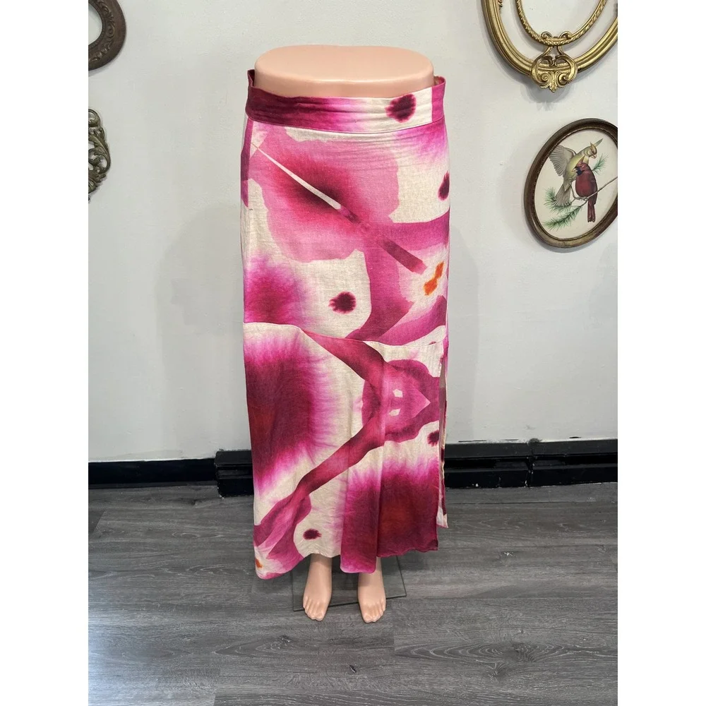 Luagam Pink Floral Abstract Watercolor Print High Slit Midi Skirt Size Small
